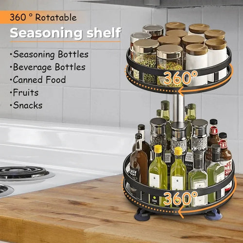 360-degree rotatable seasoning shelf with various bottles on a kitchen counter.