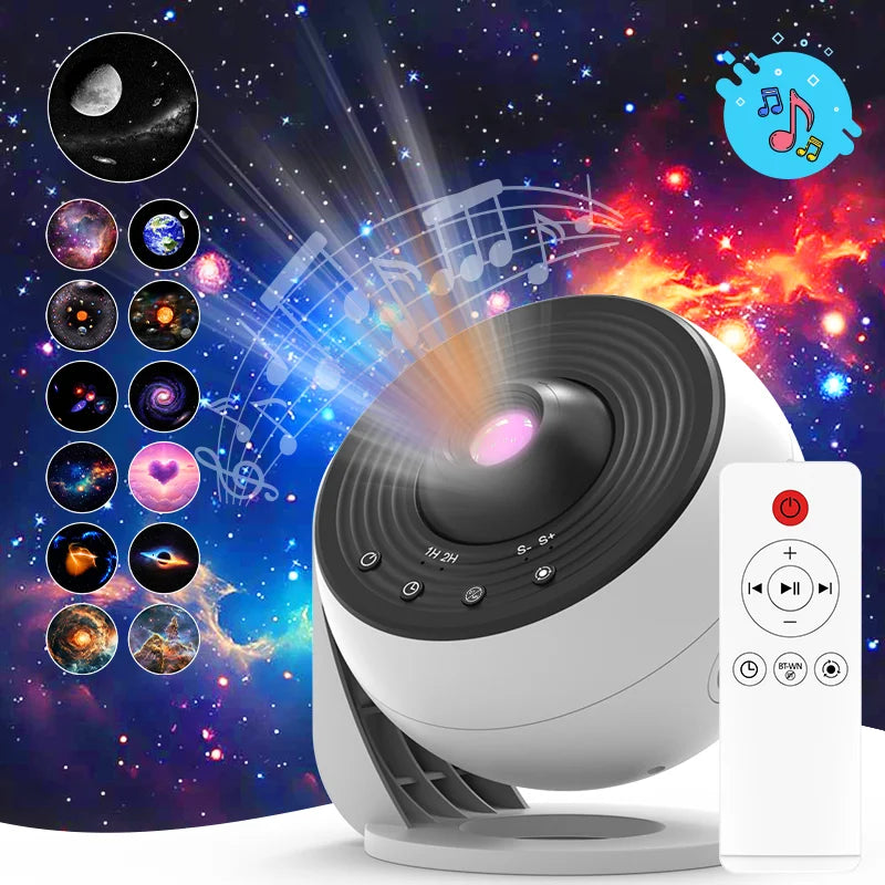 Space-themed projector with remote control on a cosmic background