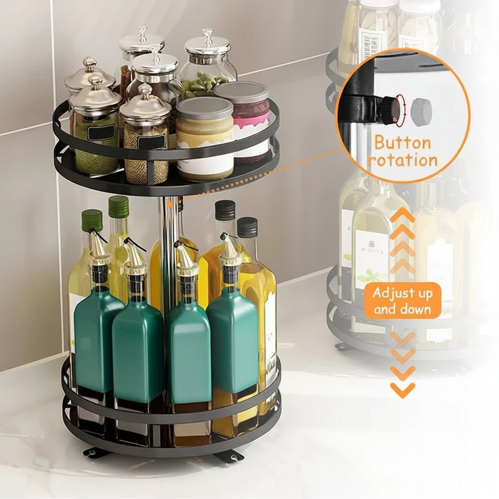 Rotating spice rack with various bottles and jars on a kitchen counter.
