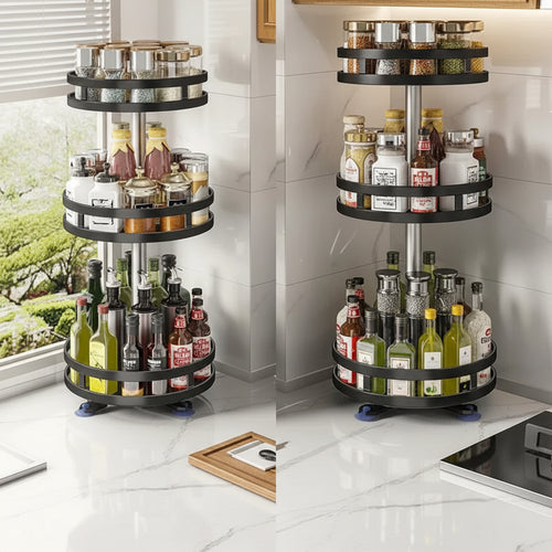 Two black tiered spice racks filled with bottles and jars in a kitchen setting.