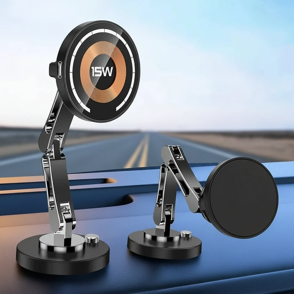 360-degree rotation magnetic phone holder with adjustable levels on a blue background