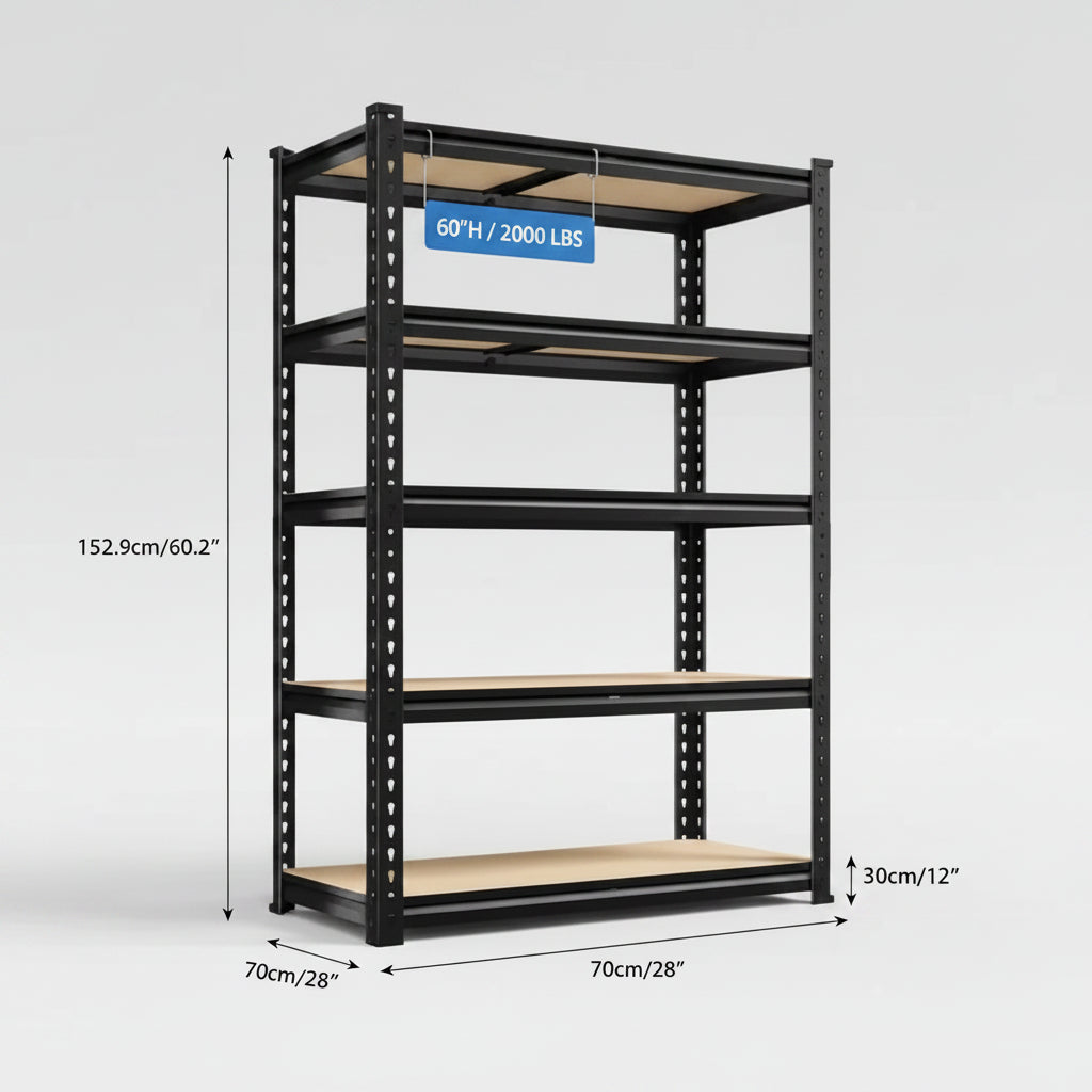 Black metal shelving unit with dimensions and weight capacity on a blue and white background