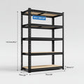Black metal shelving unit with dimensions and weight capacity on a blue and white background