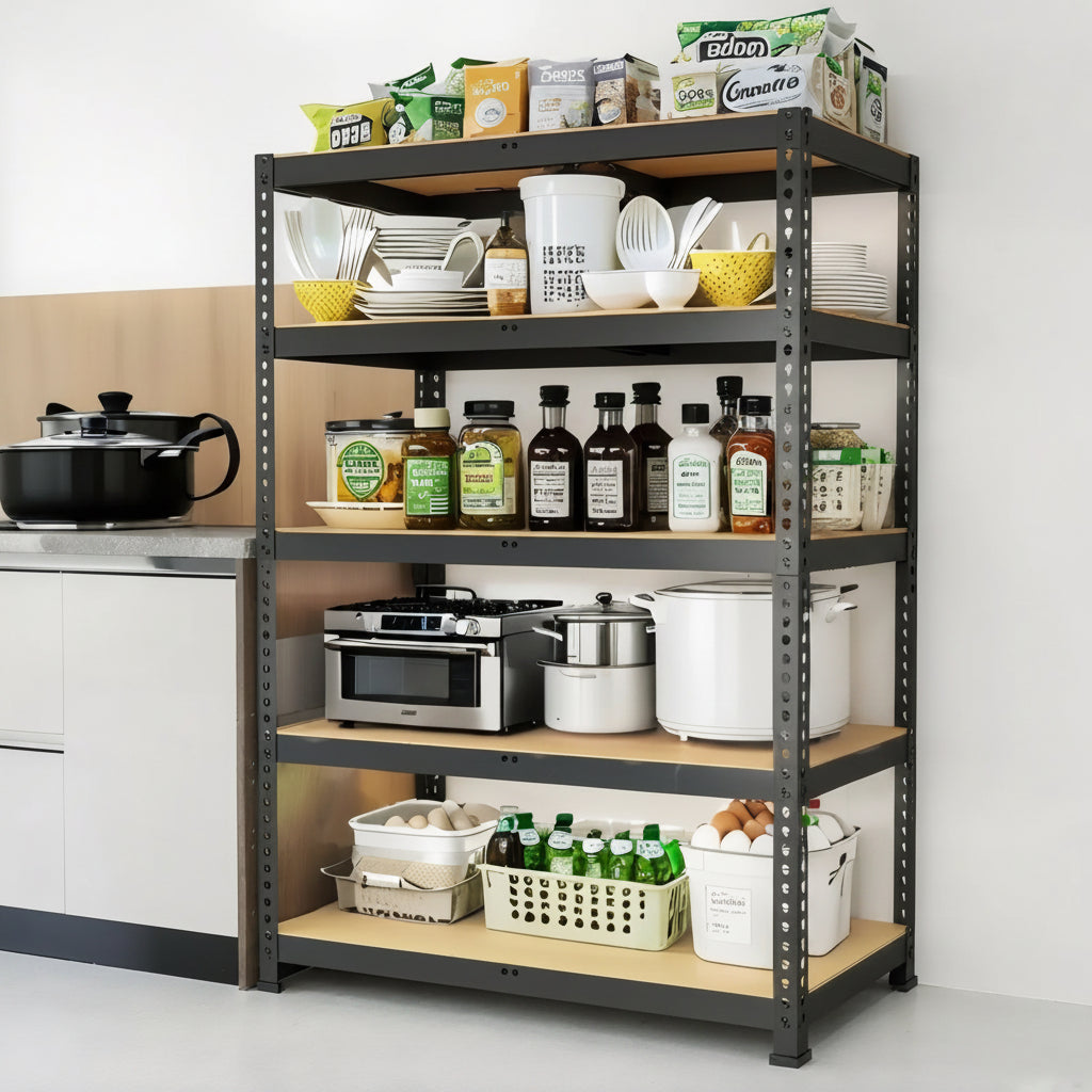 Kitchen shelving unit with various items including pots, pans, and kitchenware.