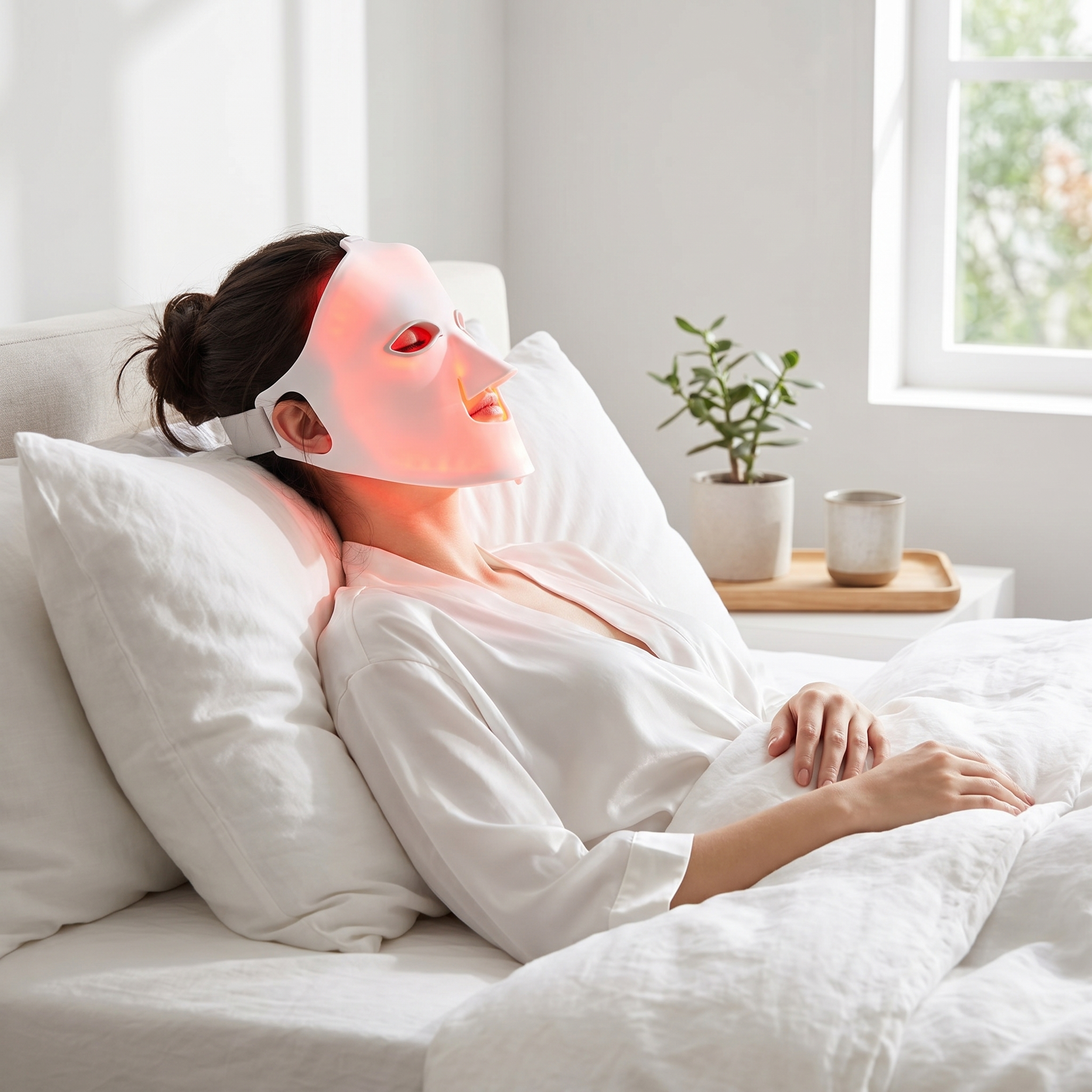 Woman relaxing in bed wearing a glowing red LED light therapy face mask