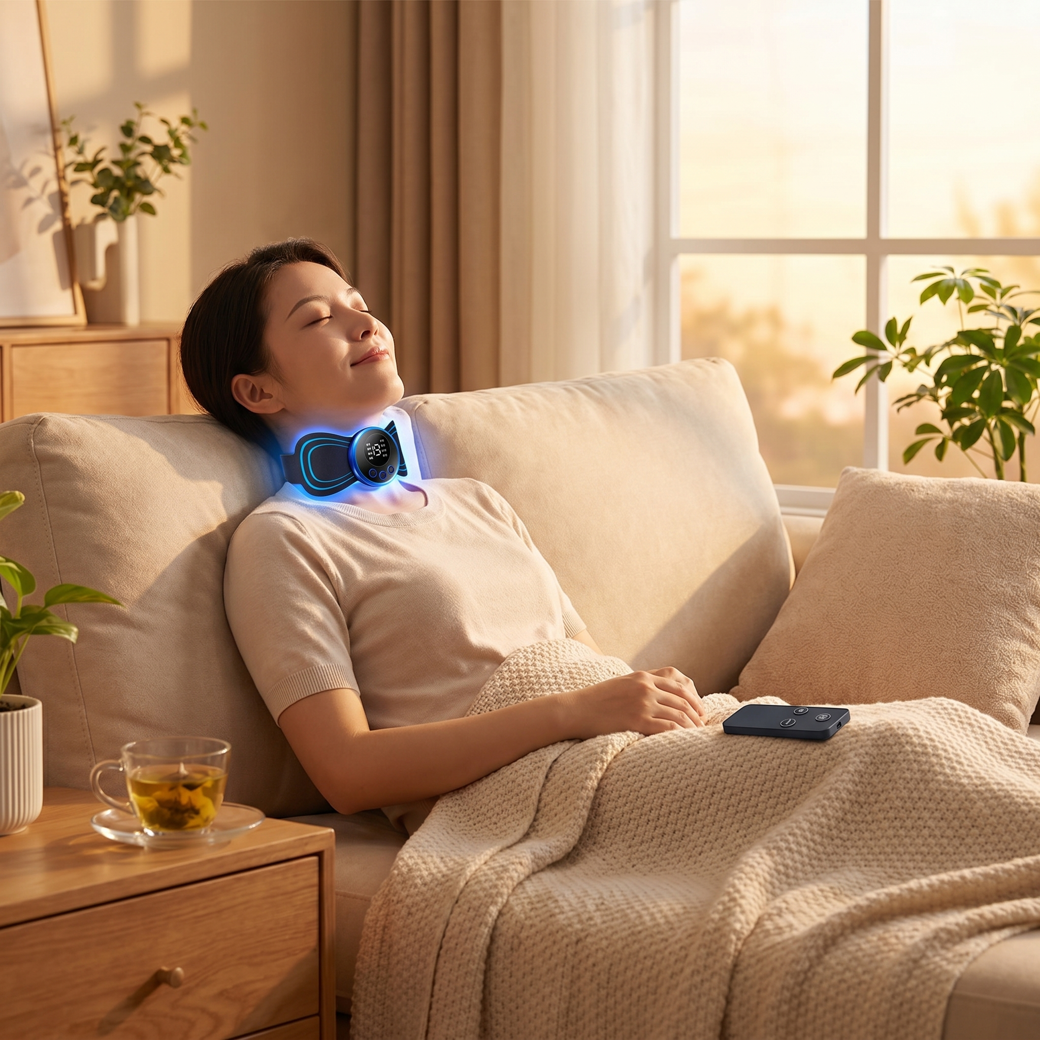 Electric pulse neck massager worn while relaxing at home