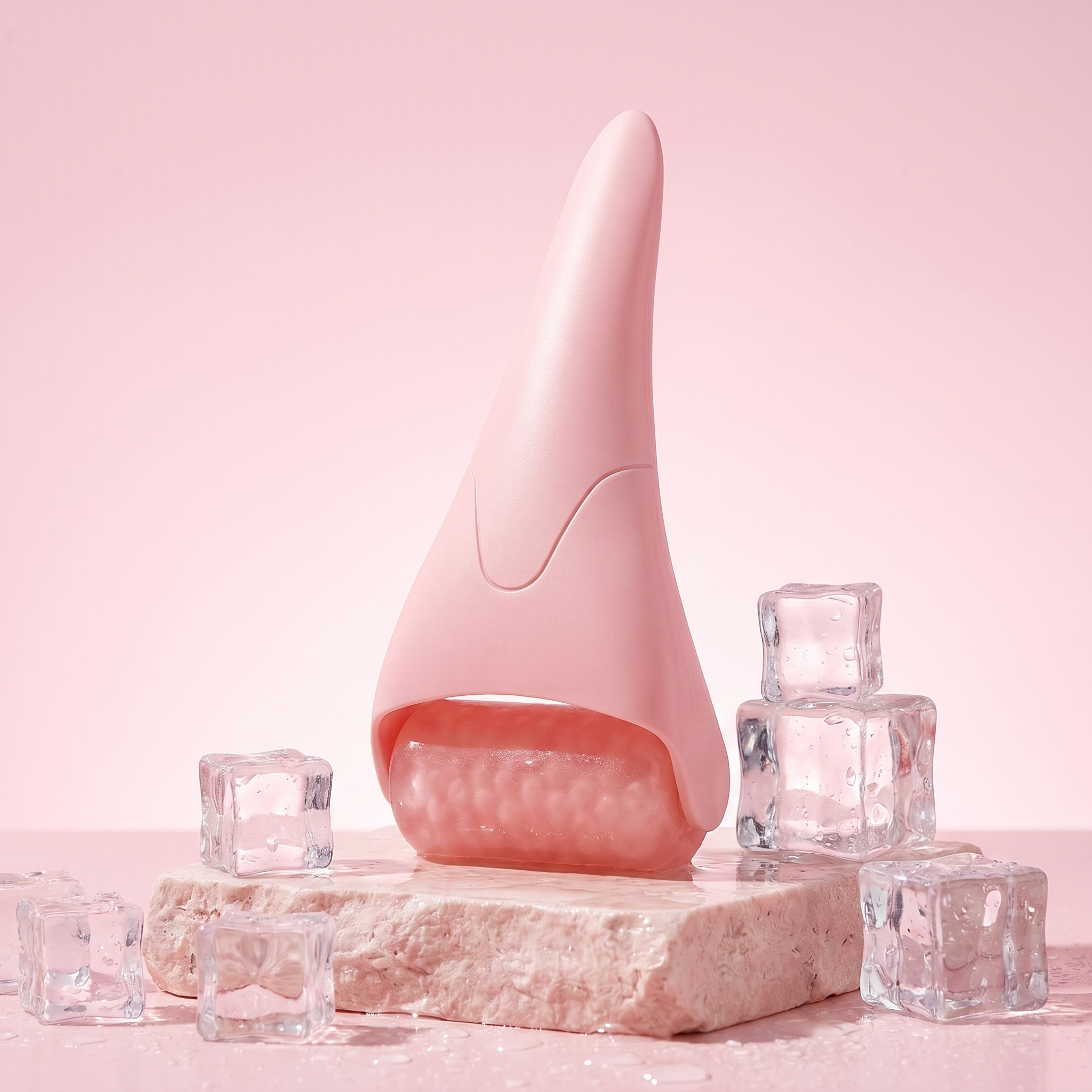 Pink ice roller for face on stone pedestal with ice cubes — hero shot