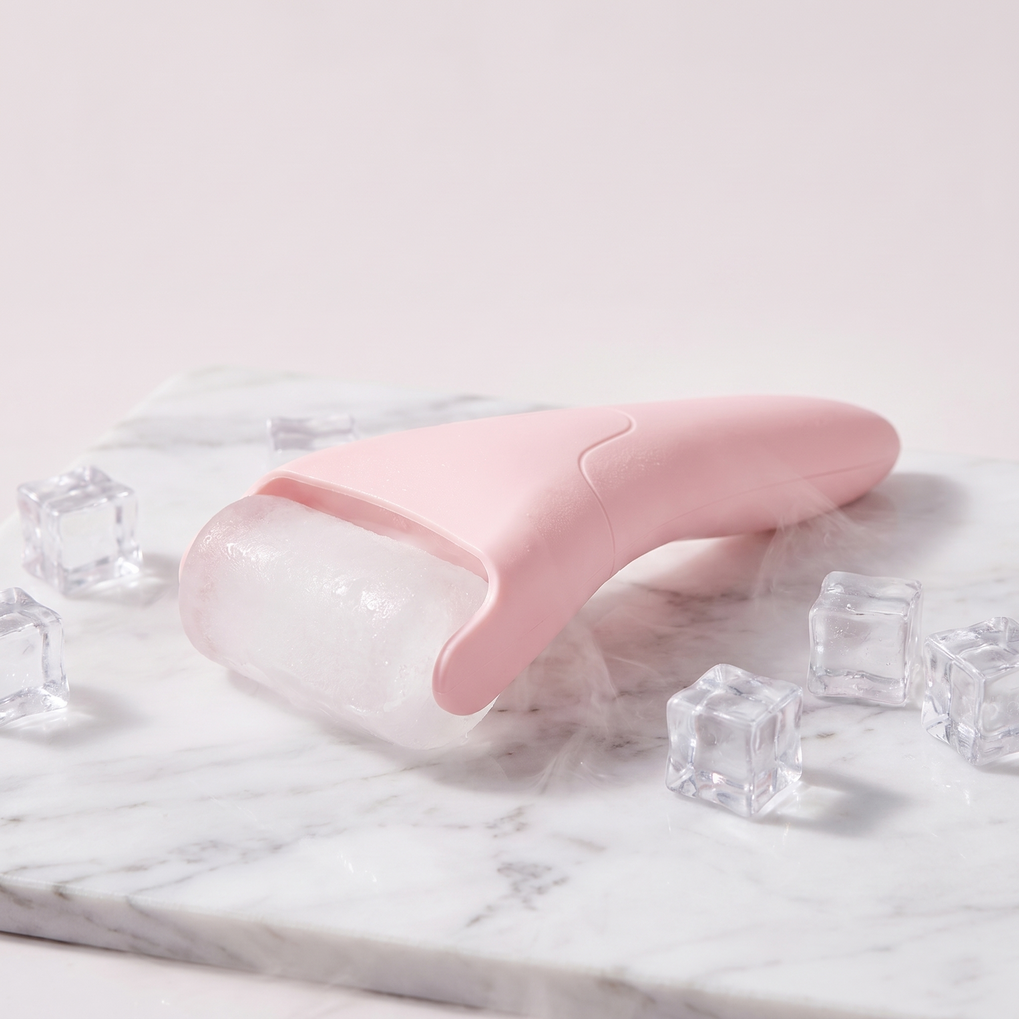 Pink ice roller lying on white marble with ice cubes