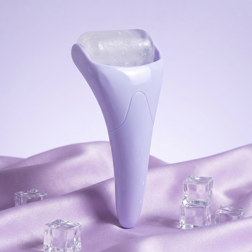 Purple ice roller standing on lilac silk with ice cubes