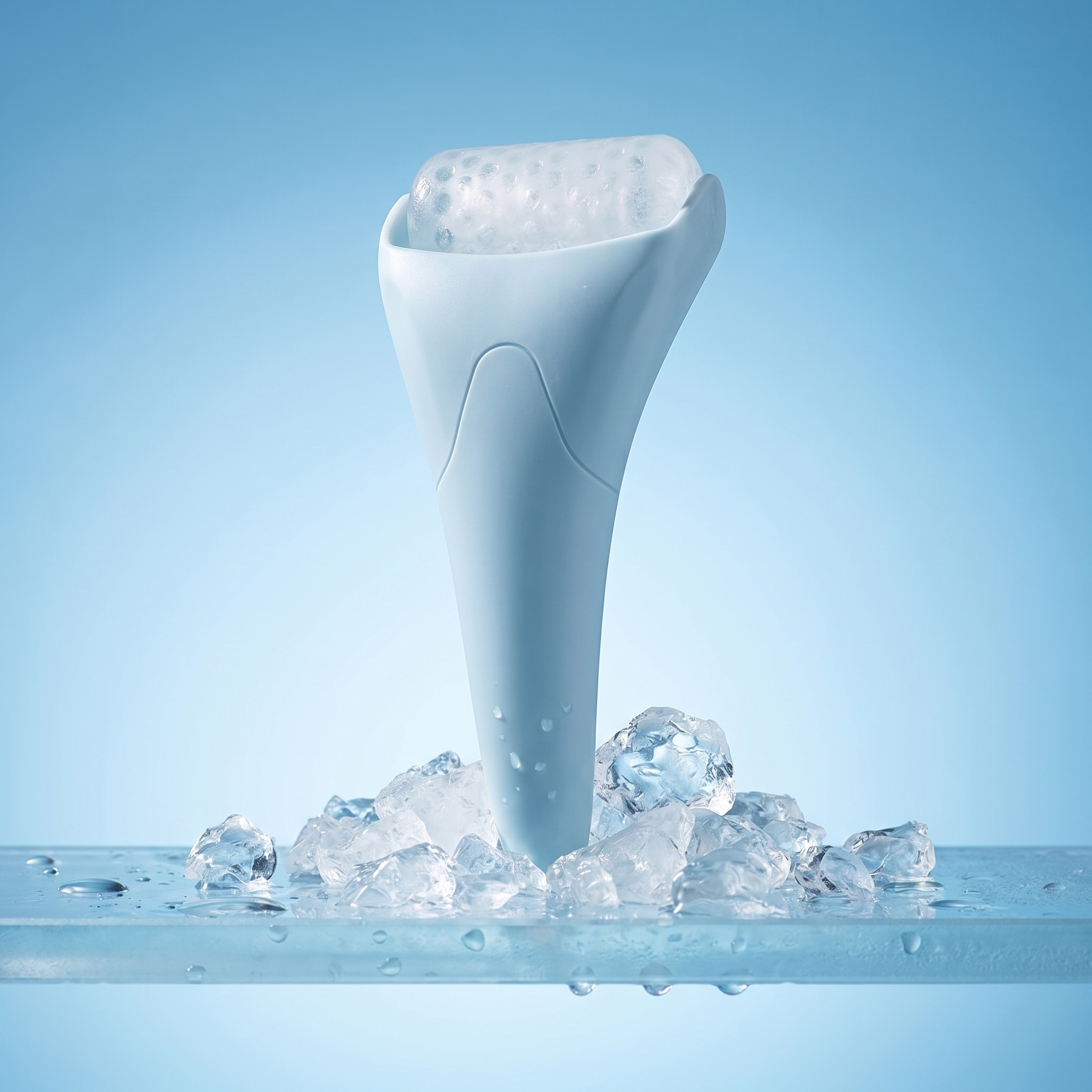 Blue ice roller standing in crushed ice on frosted glass