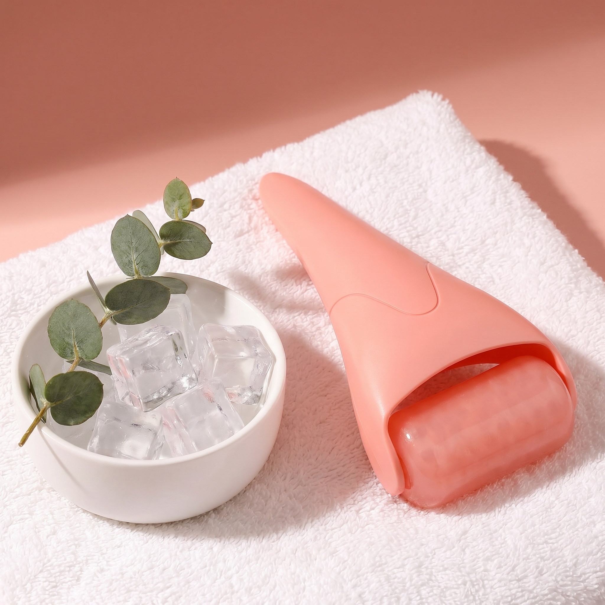 Rose ice roller on white towel with bowl of ice and eucalyptus